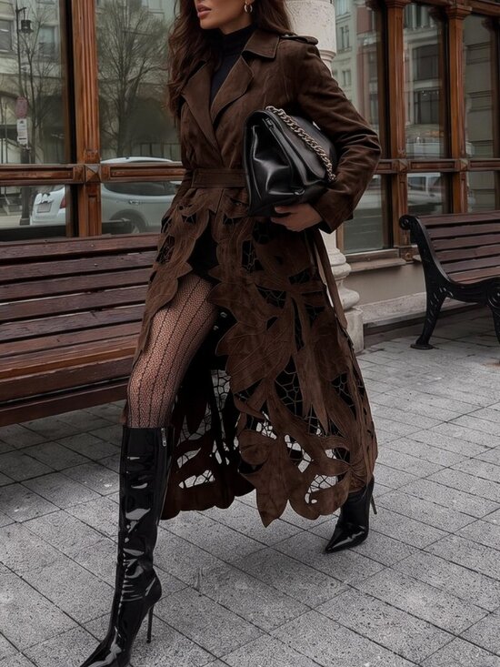 Jackets & Blazers - Coffee Brown Elegant Women's Leaf Hollow Embroidery Trench Coat
